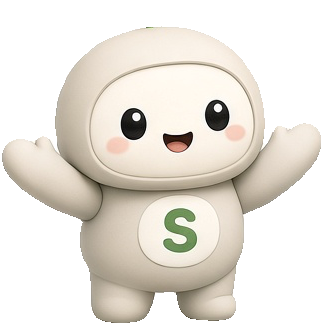 A smaller cream helper with a green S on the chest and both arms raised, standing beside a draft that needs your yes.