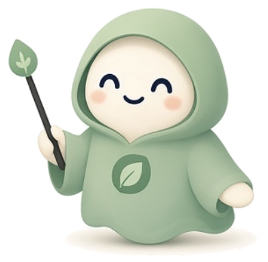 A small hooded figure in sage green, holding a staff with a leaf. SAGE looks after the setup.